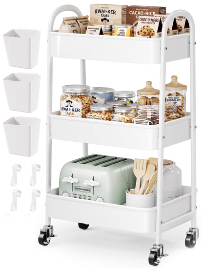Beige 3 Tier Rolling Cart Metal with Wheels,Tan Three Tiered Bedside Carts