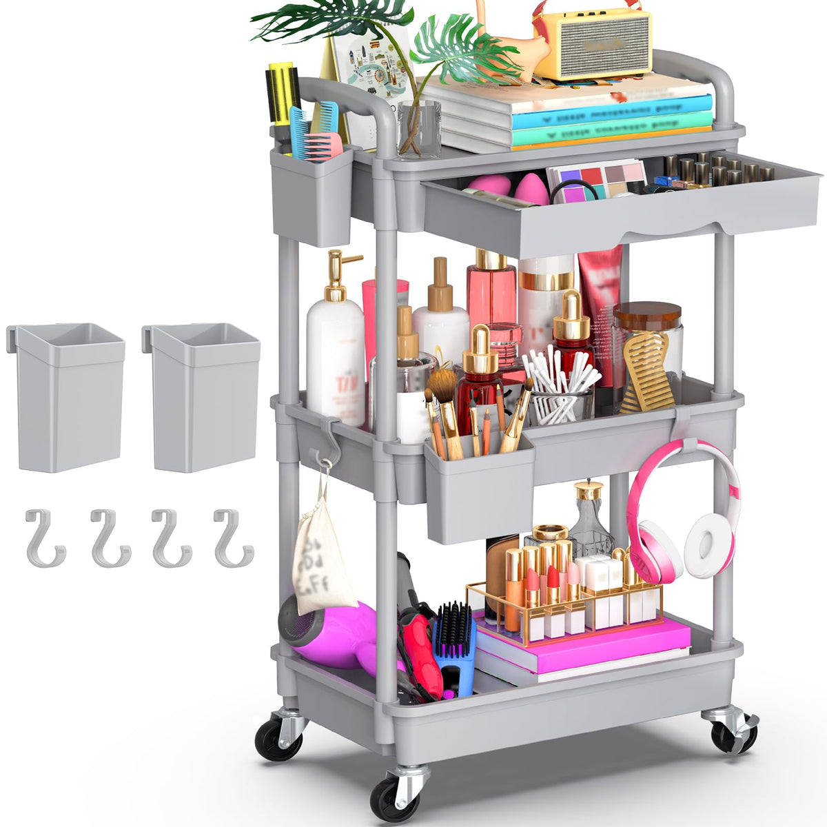 Goovilla 3 Tier Rolling Utility Cart Organizer with Removable Drawer, Black
