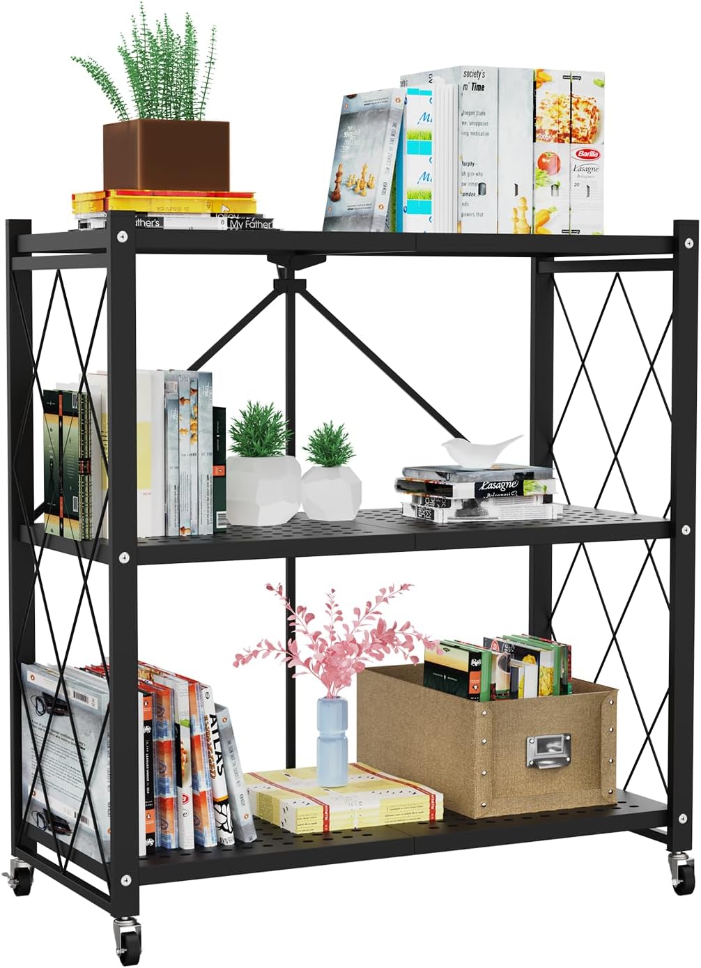 Our Modern Space 3-Tier Foldable Storage Shelf with Wheels | Metal Rack Collapsible Shelving Display | Rolling Cart for Books Kitchen Storage Shelves | Pantry & Closet Organizer | Office Room Decor