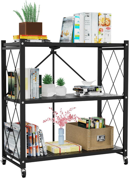 Our Modern Space 3-Tier Foldable Storage Shelf with Wheels | Metal Rack Collapsible Shelving Display | Rolling Cart for Books Kitchen Storage Shelves | Pantry & Closet Organizer | Office Room Decor