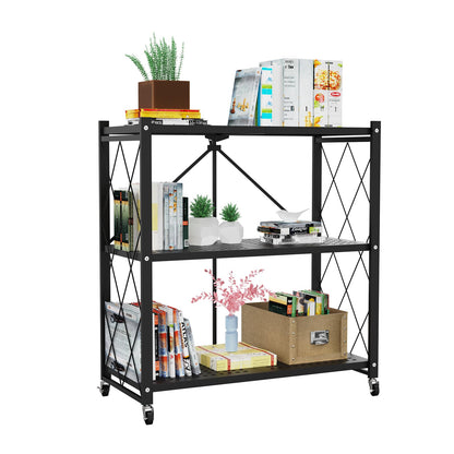 Our Modern Space 3-Tier Foldable Storage Shelf with Wheels | Metal Rack Collapsible Shelving Display | Rolling Cart for Books Kitchen Storage Shelves | Pantry & Closet Organizer | Office Room Decor