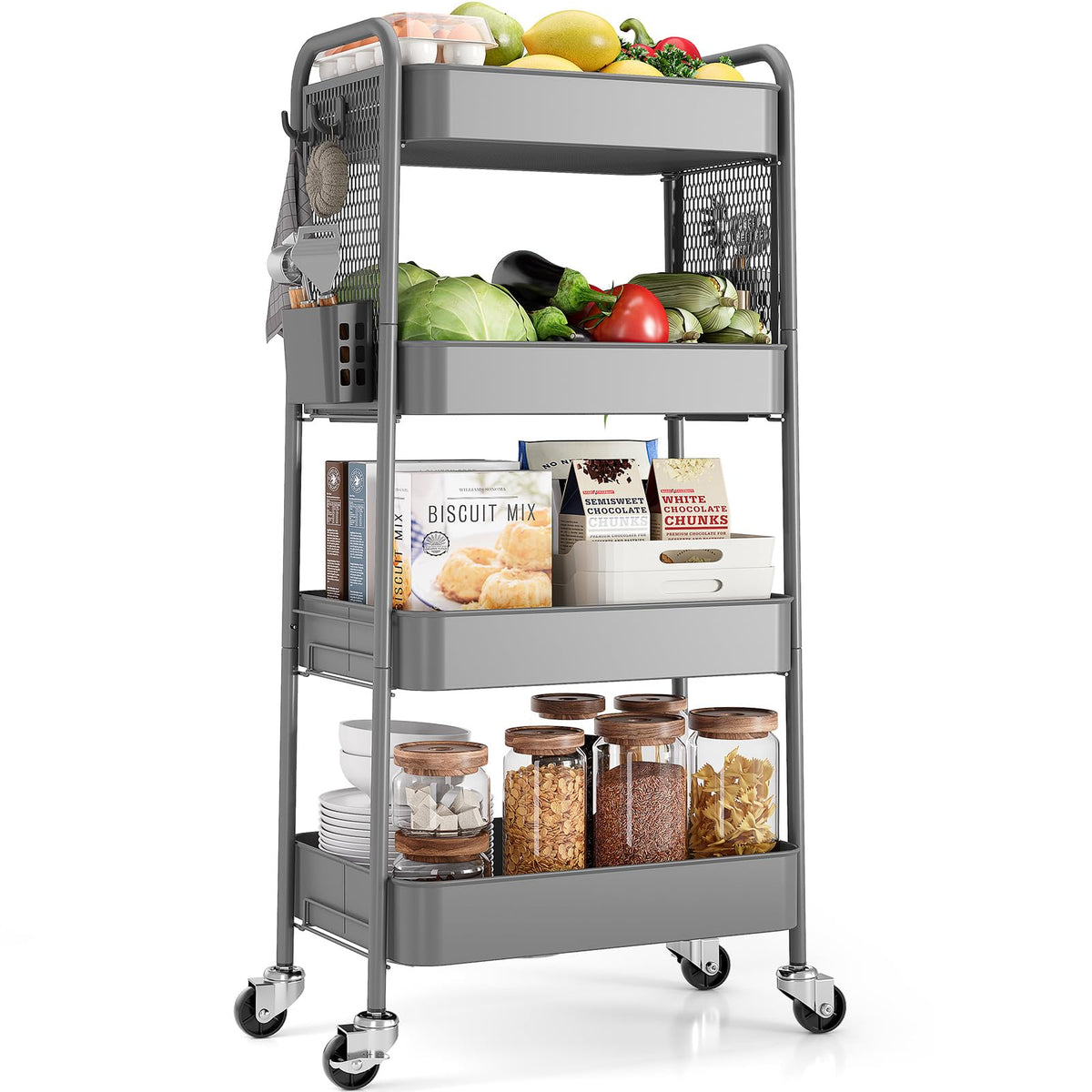 TOOLF 3 Tier Rolling Cart, Metal Utility Storage Cart with Pegboard, Green