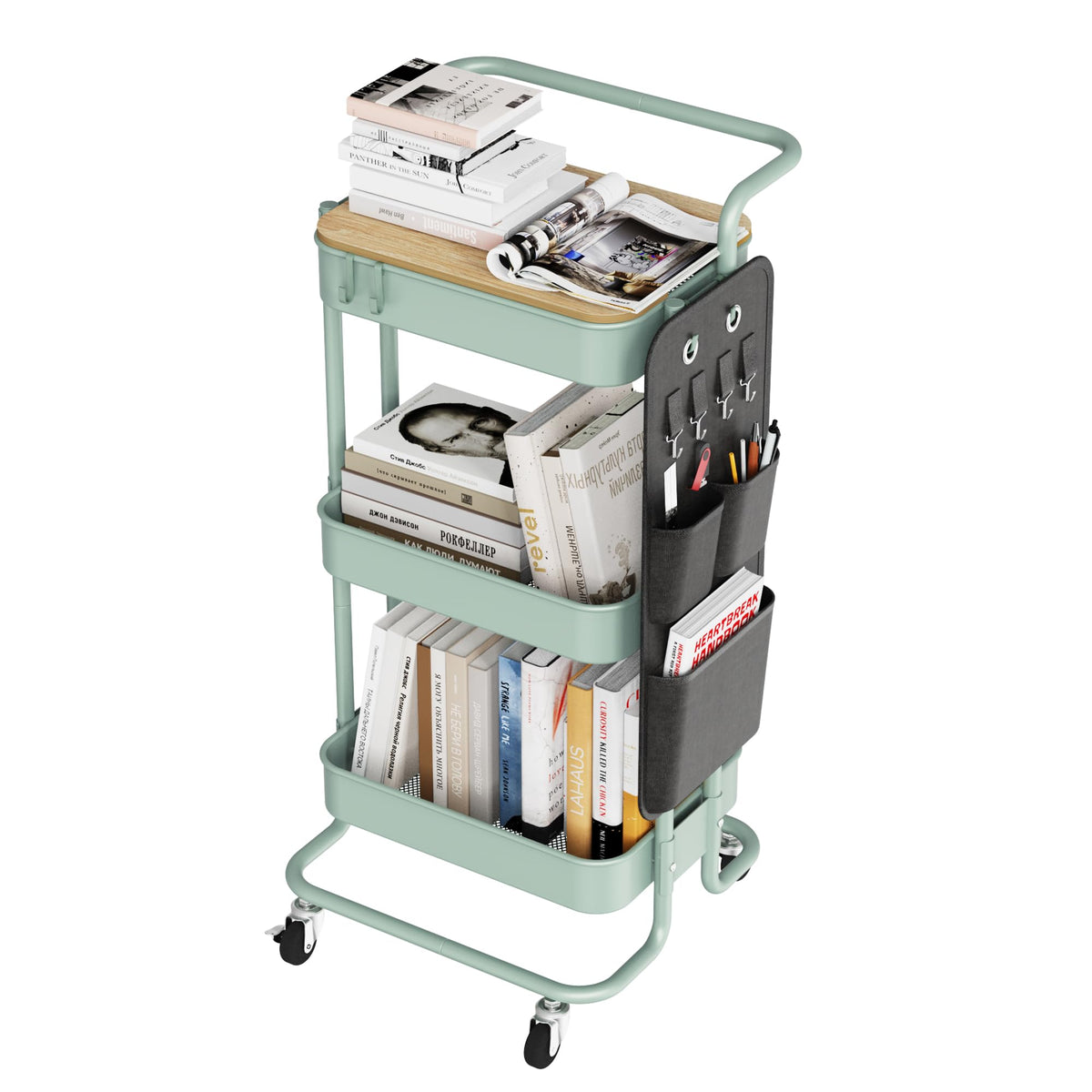 DTK 3 Tier Metal Utility Rolling Cart with Table Top and Side Bags, Tray Storage Organizer Wheels, Art Craft 4 Hooks for Kitchen Bathroom Office Living Room (Black)