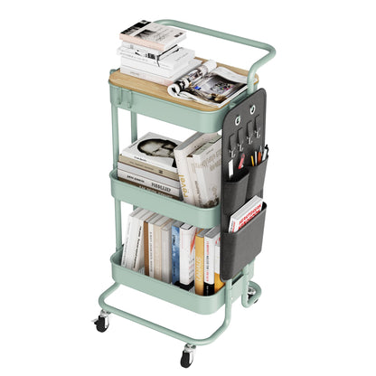 DTK 3 Tier Metal Utility Rolling Cart with Table Top and Side Bags, Tray Storage Organizer Wheels, Art Craft 4 Hooks for Kitchen Bathroom Office Living Room (Black)
