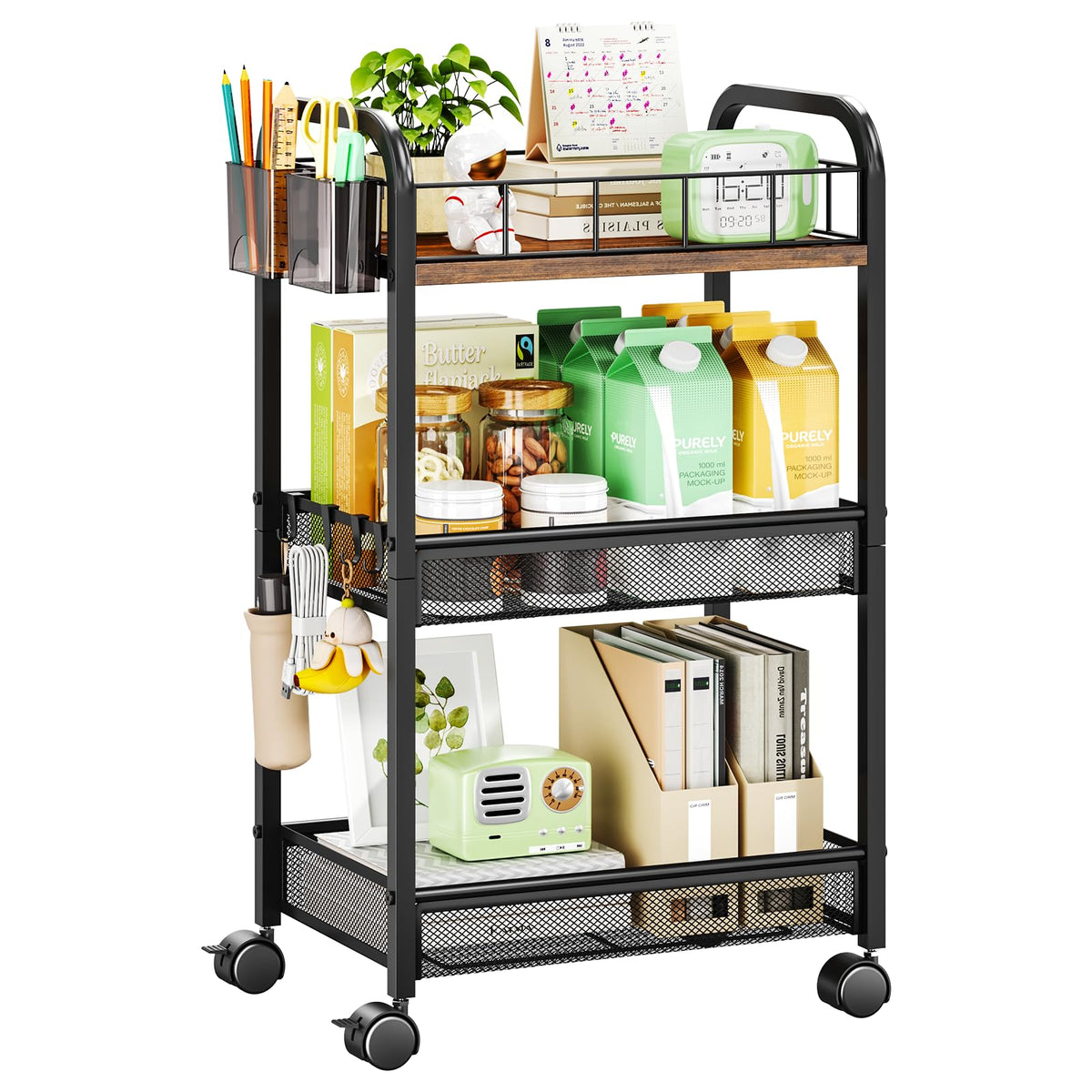 HapiRm 3 Tier Metal Rolling Cart- Utility Storage Cart with Locking Wheels