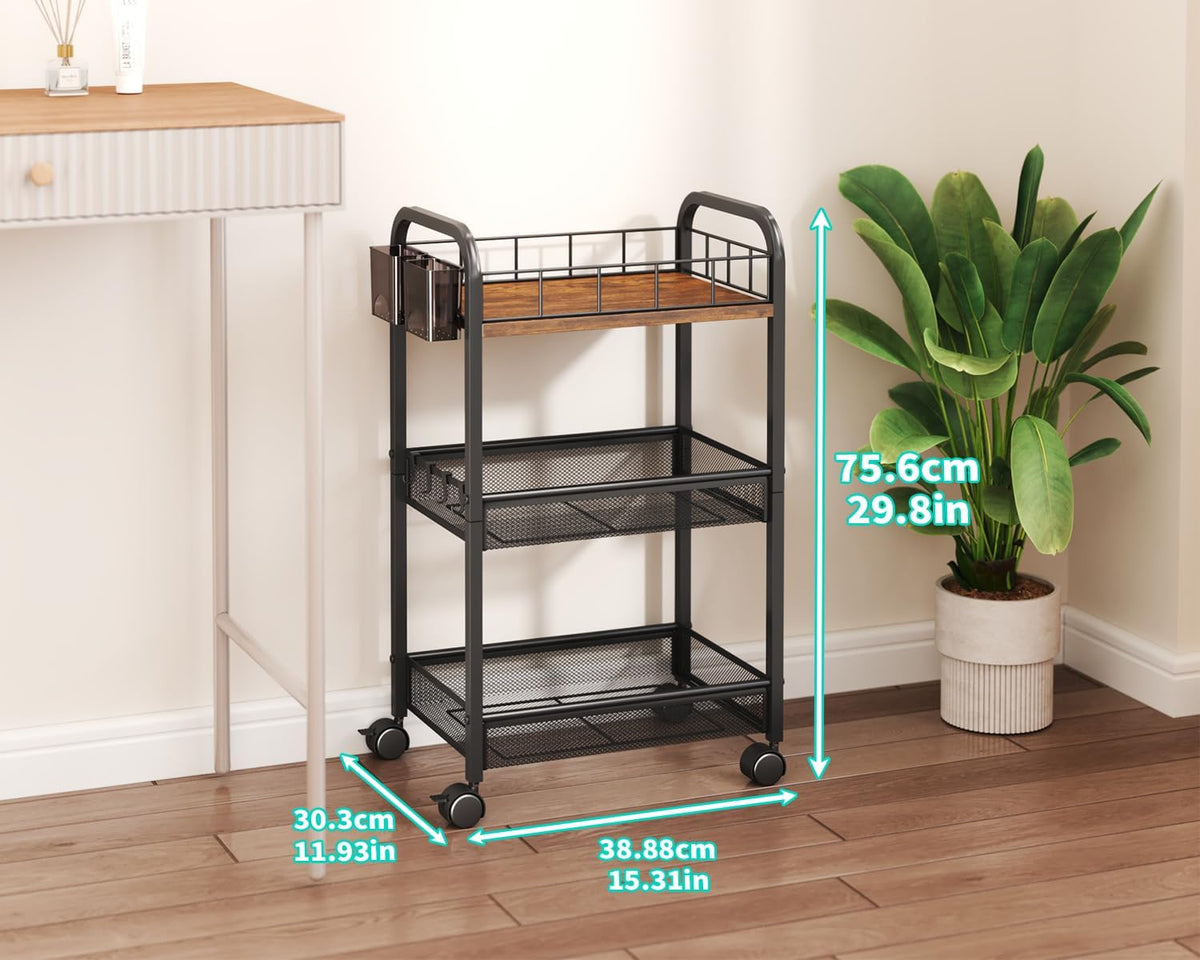 HapiRm 3 Tier Metal Rolling Cart- Utility Storage Cart with Locking Wheels