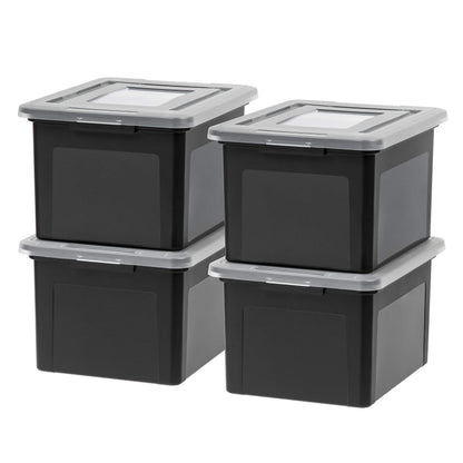 IRIS USA File Box File Organizer Plastic File Box for Letter/Legal File, BPA-Free Plastic Storage Bin Tote Organizer with Durable and Secure Latching Lid, Stackable and Nestable, Clear 35 Qt. 4Pack