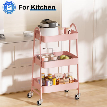 DUMOS 3 Tiers Rolling Cart, Utility Cart, Metal, Pink