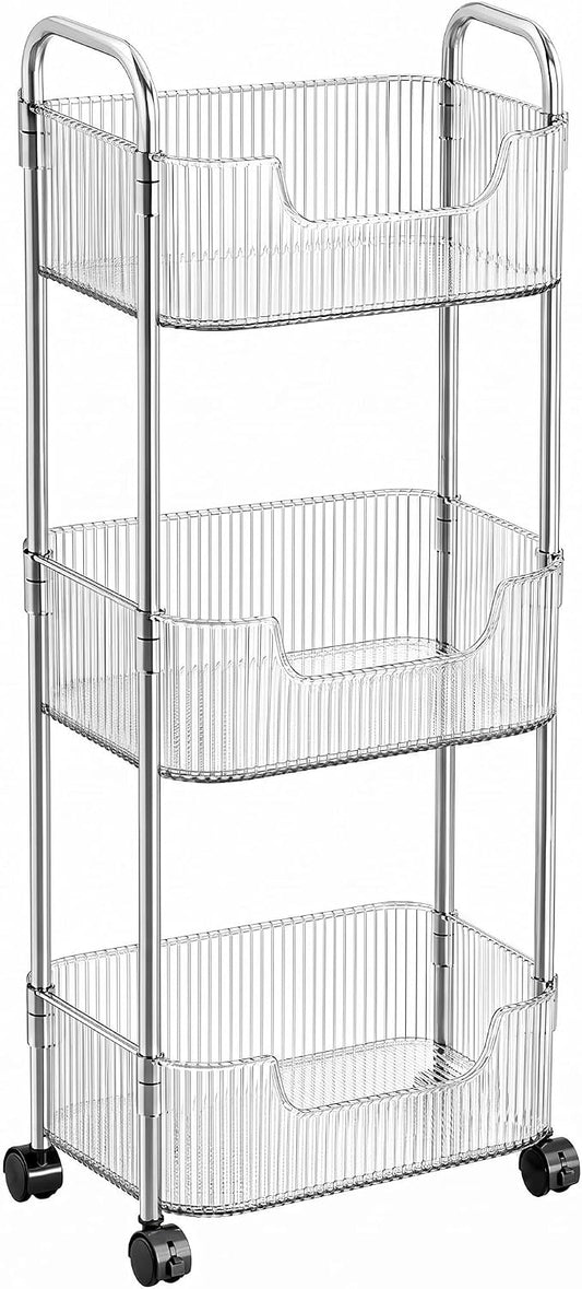 3 Tier Rolling Cart with Wheels, Clear Plastic Storage Cart with Stainless Steel Frame, Slim Narrow Organizer for Bathroom, Kitchen, Laundry Room, Vanity, Dorm, Easy Assembly
