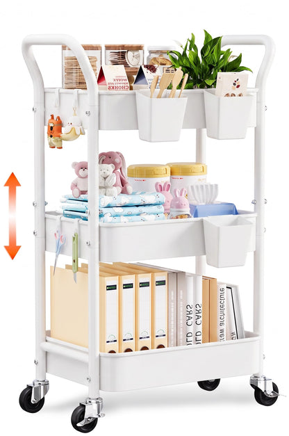 White 3 Tier Height-Adjustable Heavy-Duty Rolling Utility Cart with Wheels