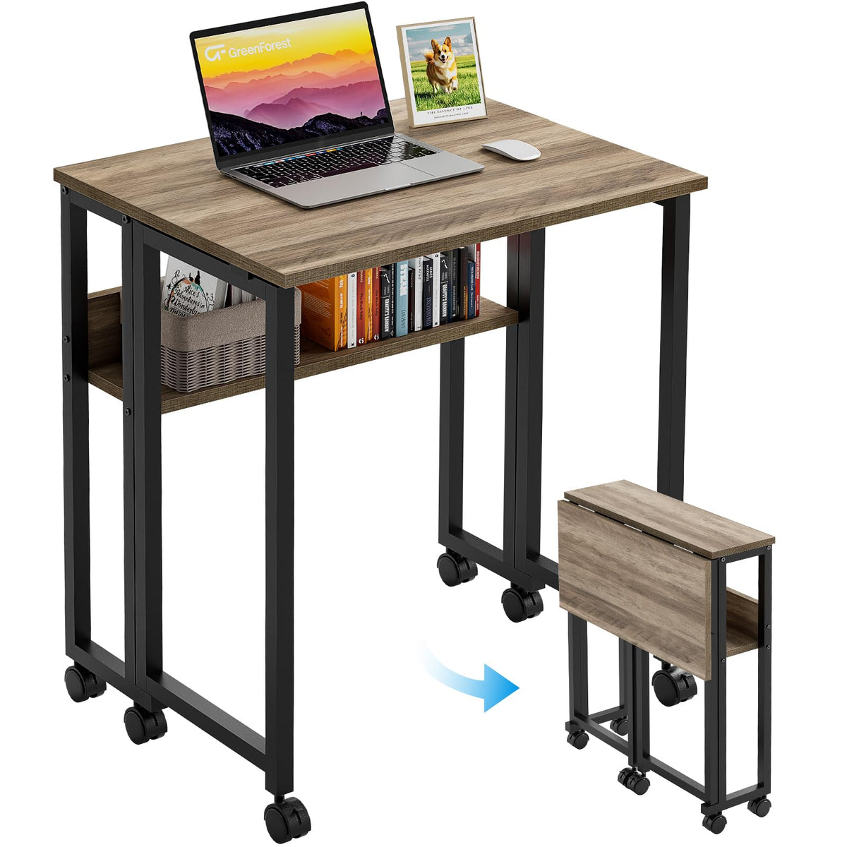 GreenForest Folding Desk with Wheels, 24.8" Rolling Table for Small Spaces