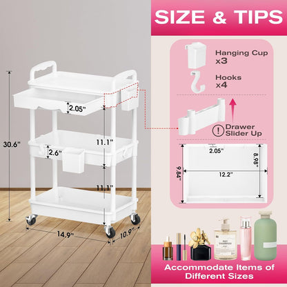Goovilla Rolling Makeup Organizer Cart with Removable Drawer, 3 Tier White