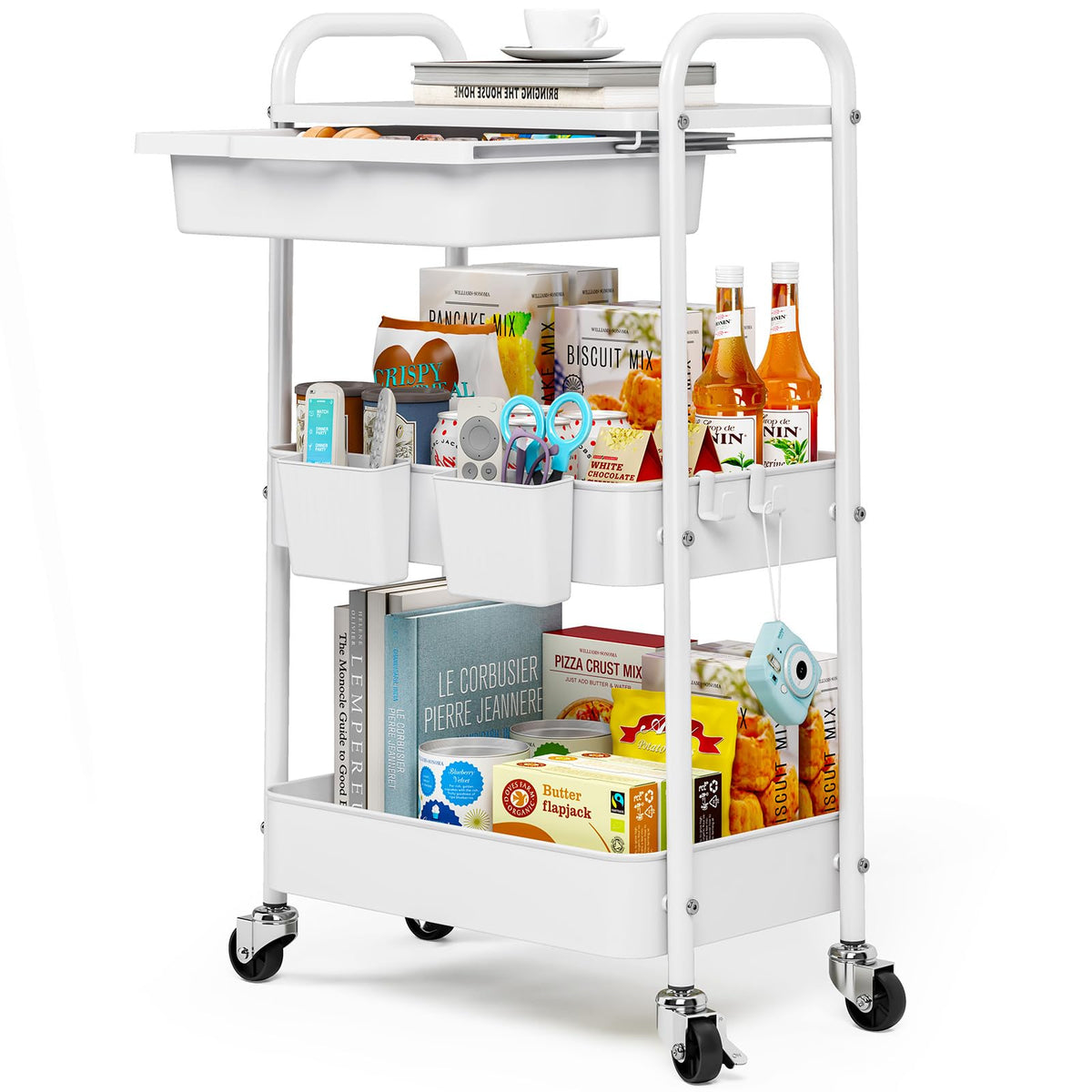 KINGRACK 3 Tier Metal Rolling Cart with Drawer, White Utility Storage Cart