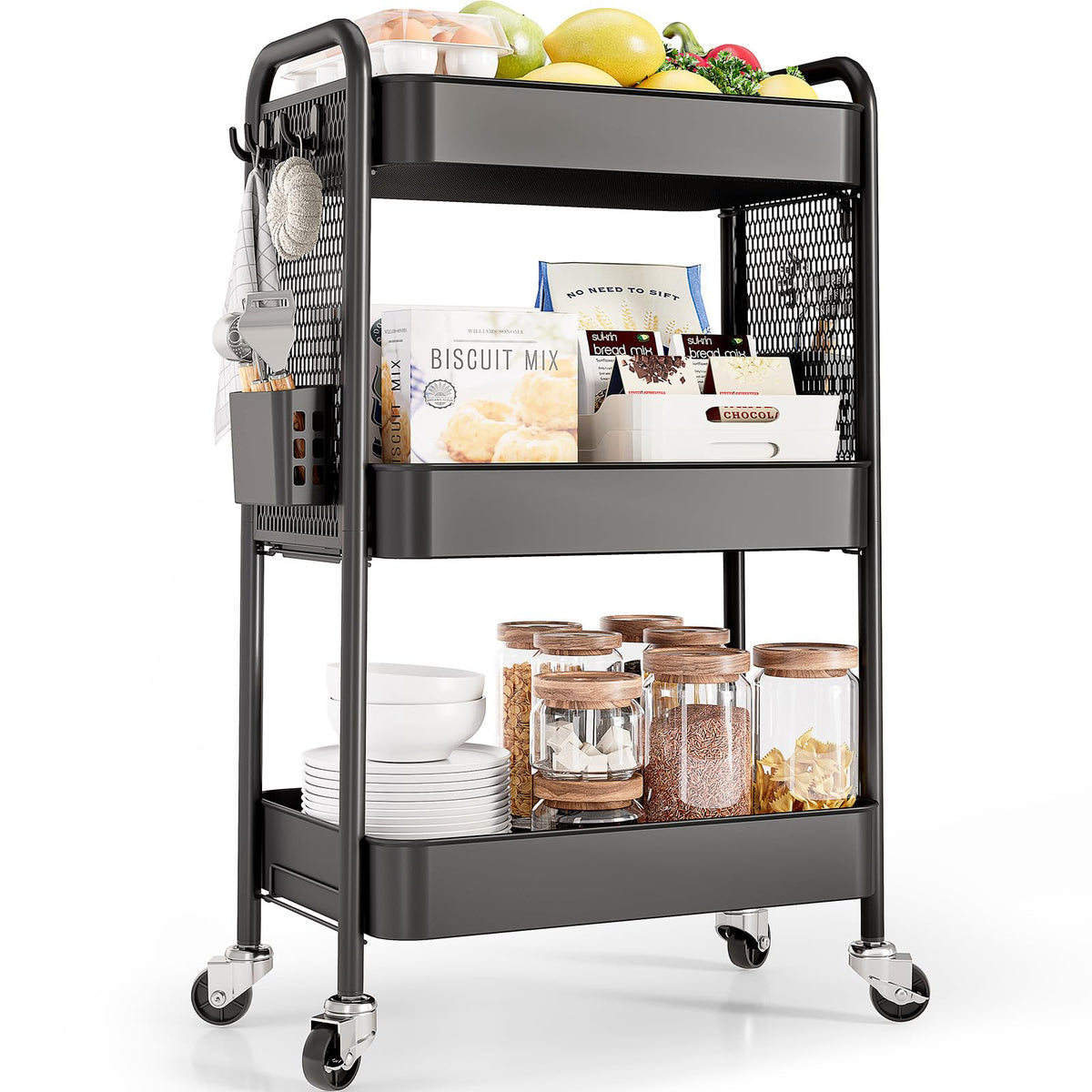 TOOLF 3 Tier Rolling Cart, Metal Utility Storage Cart with Pegboard, Green