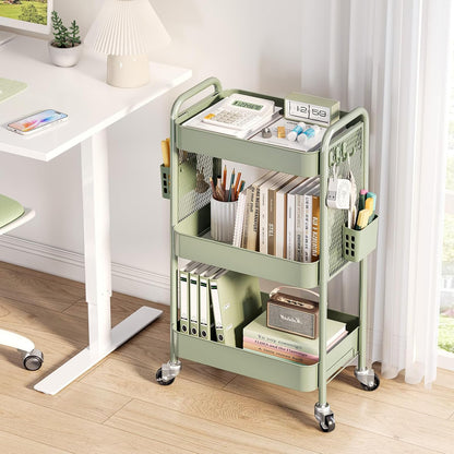 TOOLF 3 Tier Rolling Cart, Metal Utility Storage Cart with Pegboard, Green