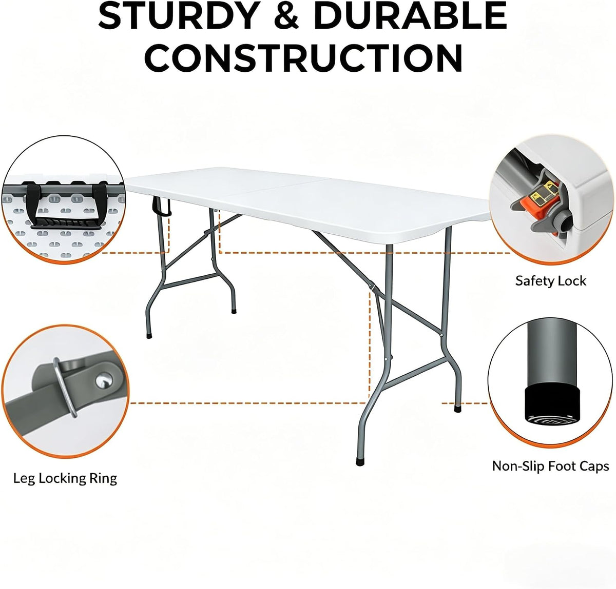 Folding Table 6ft,Foldable Table with Built in Handle & Steel Legs,Smooth HDPE Tabletop,Heavy Duty Folding Portable,Indoor Outdoor Uset for Party, Dining,Events,White