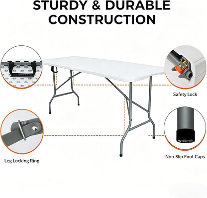 Folding Table 6ft,Foldable Table with Built in Handle & Steel Legs,Smooth HDPE Tabletop,Heavy Duty Folding Portable,Indoor Outdoor Uset for Party, Dining,Events,White