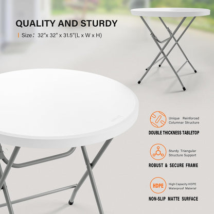 VINGLI 32" Round Folding Commercial Banquet Table, Portable Plastic Coffee Card Dining Table for Kitchen or Outdoor Party Wedding Event, 1 Pack, White