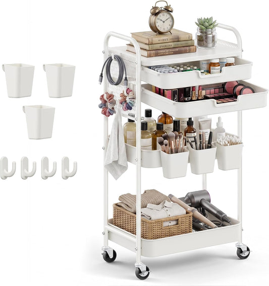 3 Tier Rolling Cart with 2 Drawers, Metal Utility Storage Carts with Wheels