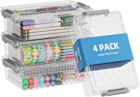BiuLeon 4 Pack Extra Large Pencil Box, Plastic Pencil Case Organizer, Clear Crayon Box Marker Organizer, Stackable Craft Organizers and Storage for Pen, Craft, Art Supply(Grey)