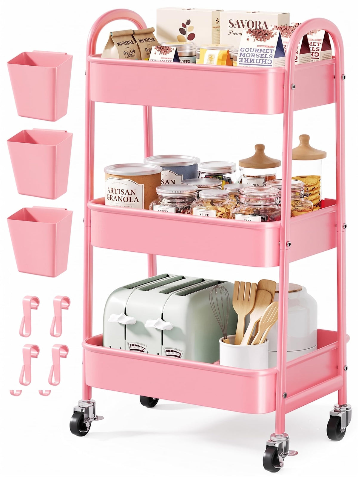 Beige 3 Tier Rolling Cart Metal with Wheels,Tan Three Tiered Bedside Carts