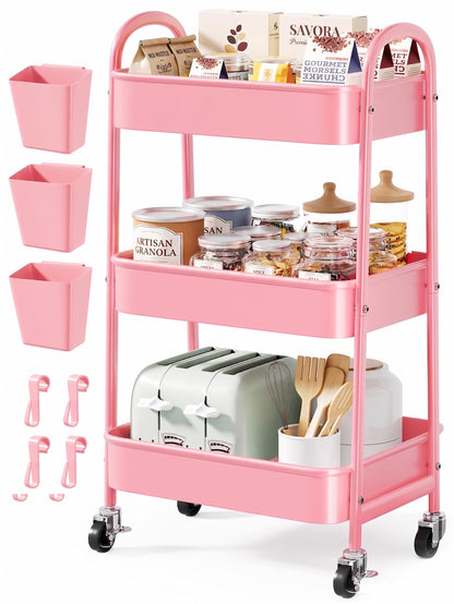 Beige 3 Tier Rolling Cart Metal with Wheels,Tan Three Tiered Bedside Carts