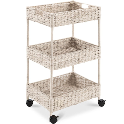 Best Choice Products 3-Tier Water Hyacinth Rolling Nursery Caddy w/Wheels, Utility Cart, Storage Organization for Bathroom, Craft Room, Laundry Room - Chestnut