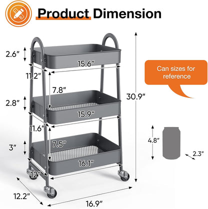 NEWBULIG 3-Tier Metal Rolling Cart with Lockable Wheels, Heavy Duty Mobile Utility Storage Shelf, Roller Book Snack Cart, Grey