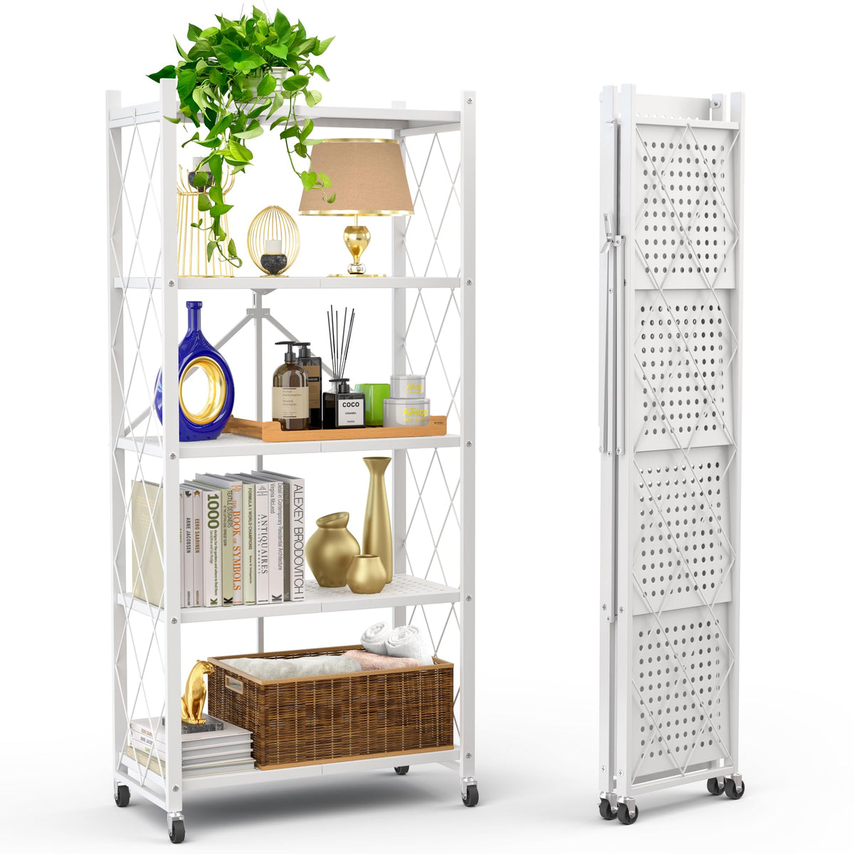 Our Modern Space 3-Tier Foldable Storage Shelf with Wheels | Metal Rack Collapsible Shelving Display | Rolling Cart for Books Kitchen Storage Shelves | Pantry & Closet Organizer | Office Room Decor