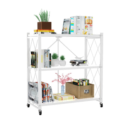 Our Modern Space 3-Tier Foldable Storage Shelf with Wheels | Metal Rack Collapsible Shelving Display | Rolling Cart for Books Kitchen Storage Shelves | Pantry & Closet Organizer | Office Room Decor