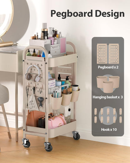 ALVOROG 3 Tier Metal Rolling Utility Cart with Pegboards,Baskets,Hook,Khaki