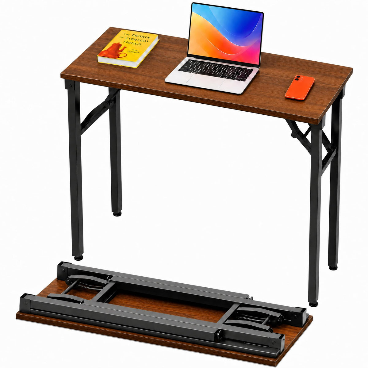 Folding Table Computer Desk - 35.8" No Assembly Folding Desk Design and Foldable Office Desk, Small Desk for Bedroom, Compact Storage Portable Use for Dorm and RV Small Space, Dark Oak