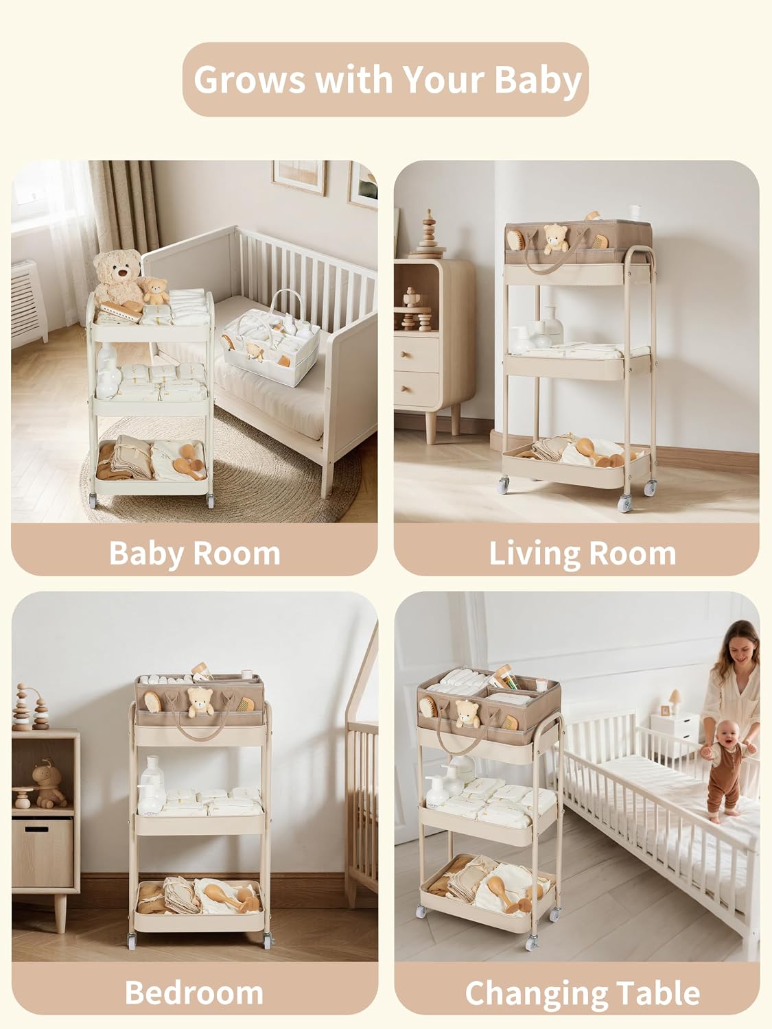 Fortella Baby Diaper Caddy, 3 Tier Rolling Cart for Baby Essentials, Taupe