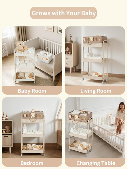 Fortella Baby Diaper Caddy, 3 Tier Rolling Cart for Baby Essentials, Taupe