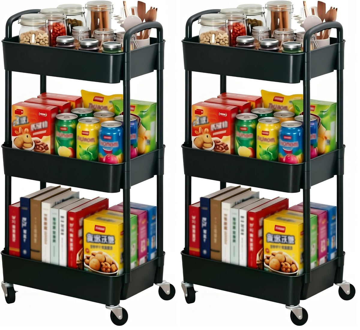Sywhitta 3-Tier Plastic Rolling Utility Cart with Wheels for Storage,Black