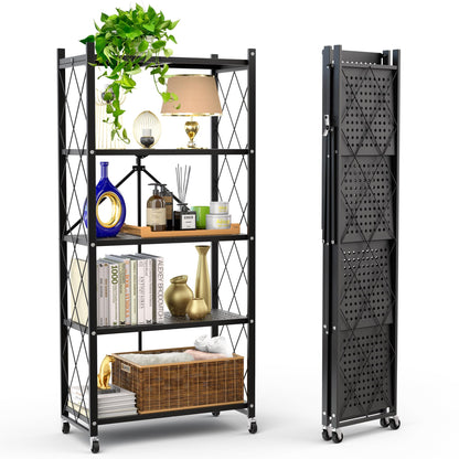 Our Modern Space 3-Tier Foldable Storage Shelf with Wheels | Metal Rack Collapsible Shelving Display | Rolling Cart for Books Kitchen Storage Shelves | Pantry & Closet Organizer | Office Room Decor