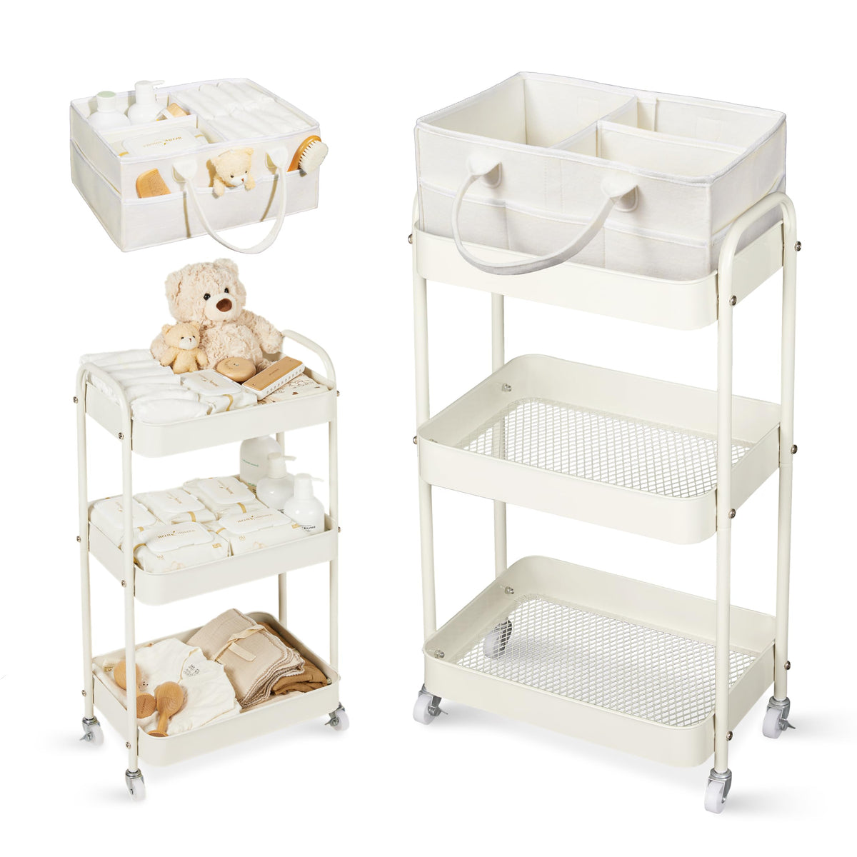 Fortella Baby Diaper Caddy, 3 Tier Rolling Cart for Baby Essentials, Taupe