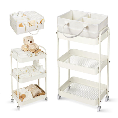 Fortella Baby Diaper Caddy, 3 Tier Rolling Cart for Baby Essentials, Taupe