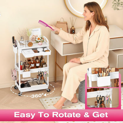 Goovilla Rolling Makeup Organizer Cart with Removable Drawer, 3 Tier White