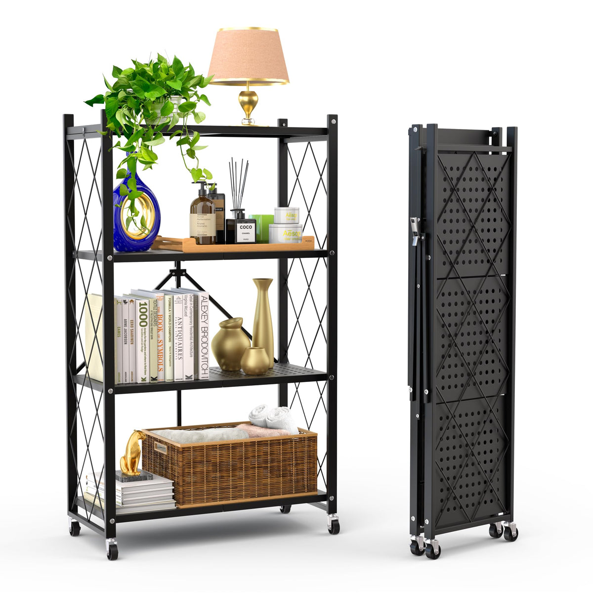 Our Modern Space 3-Tier Foldable Storage Shelf with Wheels | Metal Rack Collapsible Shelving Display | Rolling Cart for Books Kitchen Storage Shelves | Pantry & Closet Organizer | Office Room Decor