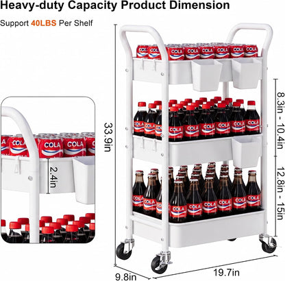 White 3 Tier Height-Adjustable Heavy-Duty Rolling Utility Cart with Wheels