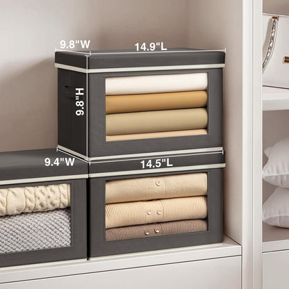 Homsorout Storage Bins with Lids - Fabric Storage Boxes with Window, Collapsible Closet Organizers with Handles, 3 Pack Decorative Bin, Home Cubes Baskets for Clothes, Hat, Books, Dark Grey