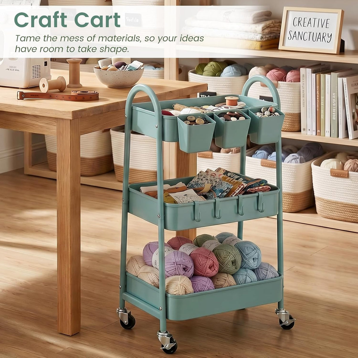 danpinera 3-Tier Rolling Cart, Metal Rolling Storage Cart with Wheels