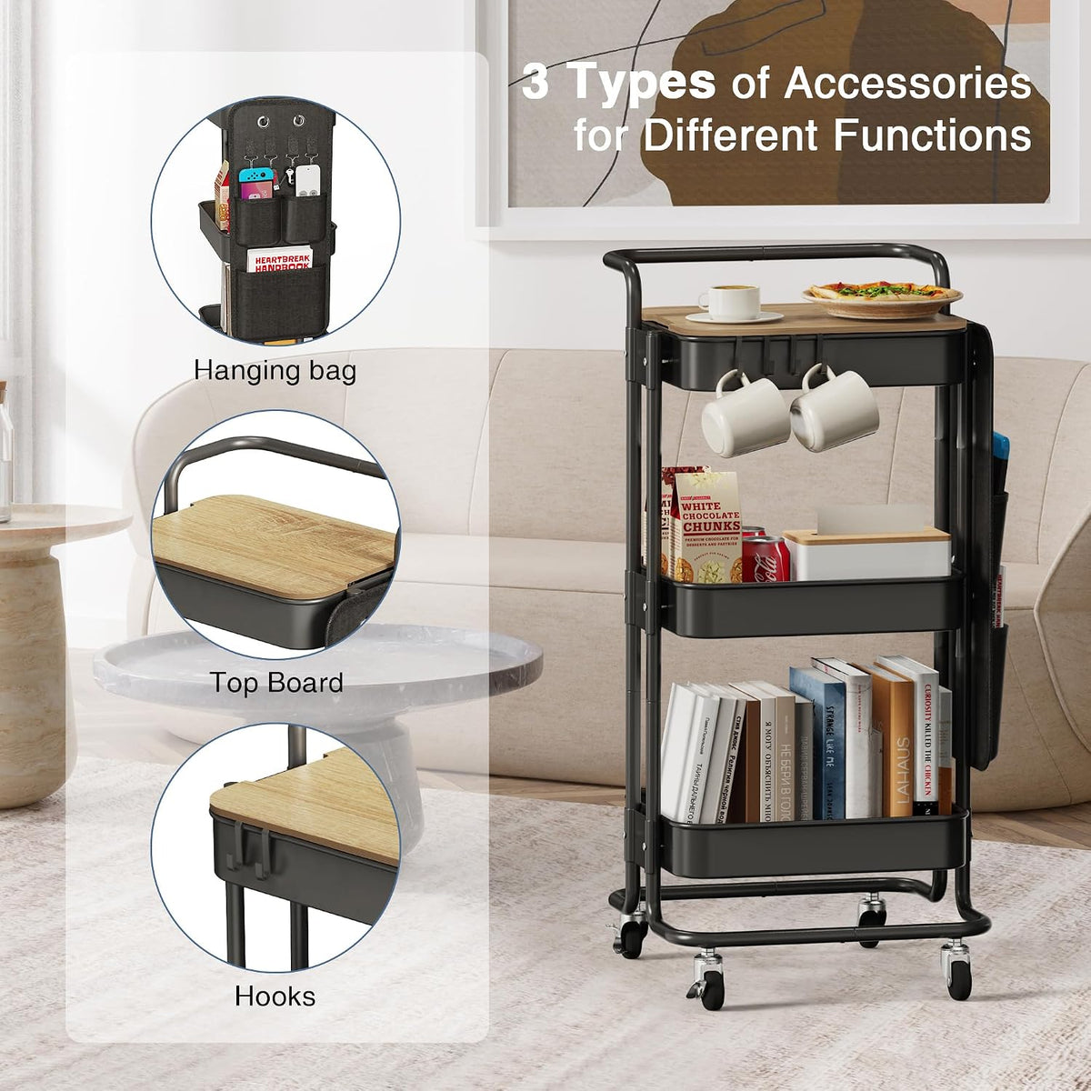 DTK 3 Tier Metal Utility Rolling Cart with Table Top and Side Bags, Tray Storage Organizer Wheels, Art Craft 4 Hooks for Kitchen Bathroom Office Living Room (Black)