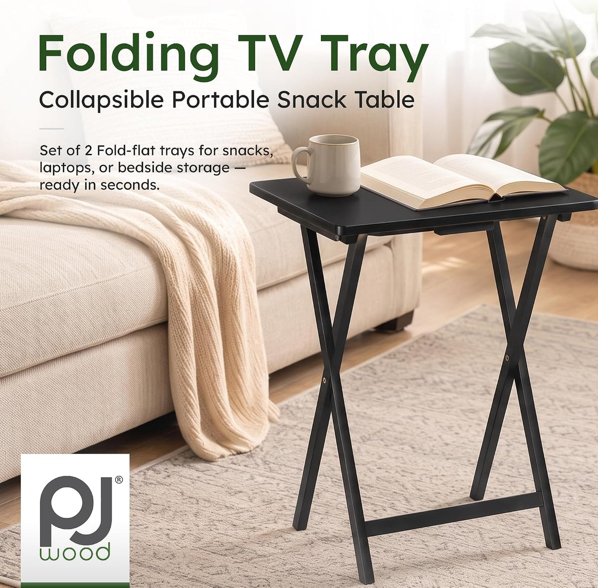 PJ Wood Folding TV Trays Set of 2, Solid Wood Foldable Snack Tables, Black