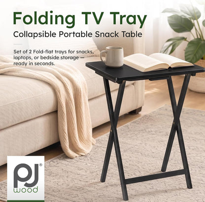 PJ Wood Folding TV Trays Set of 2, Solid Wood Foldable Snack Tables, Black