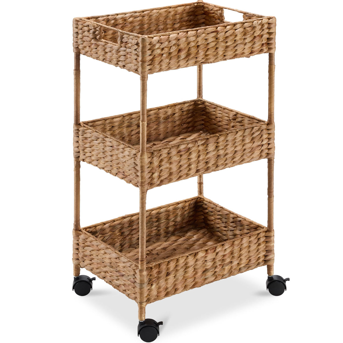 Best Choice Products 3-Tier Water Hyacinth Rolling Nursery Caddy w/Wheels, Utility Cart, Storage Organization for Bathroom, Craft Room, Laundry Room - Chestnut