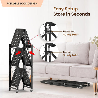 Our Modern Space 3-Tier Foldable Storage Shelf with Wheels | Metal Rack Collapsible Shelving Display | Rolling Cart for Books Kitchen Storage Shelves | Pantry & Closet Organizer | Office Room Decor