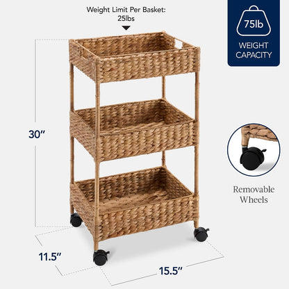 Best Choice Products 3-Tier Water Hyacinth Rolling Nursery Caddy w/Wheels, Utility Cart, Storage Organization for Bathroom, Craft Room, Laundry Room - Chestnut