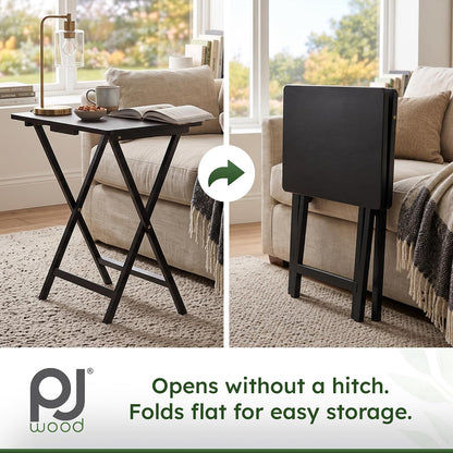PJ Wood Folding TV Trays Set of 2, Solid Wood Foldable Snack Tables, Black